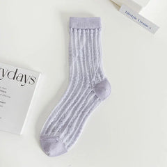Transparent Crystal Silk Socks Women Fashion Ultra-thin Summer Harajuku Crew Socks Flower Streetwear Elastic Long Mesh Socks