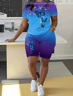 Fashion Casual Women's Shorts Short Sleeve Suit Gradient Letter Print Summer Suit T-shirt + Shorts 2 Pieces Sets 2025