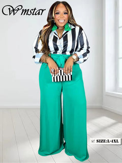 Wmstar Plus Size Women 2 PieceClothes Print High Waist Long Sleeve Top Wide Leg Fashion Pants Sets Casual Matching Wholesale