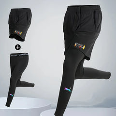 Men's Running Jogging 2 Piece Set Quick Dry Sports Shorts and Compression Tights Athletic Training Wear