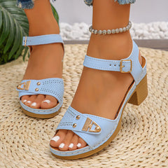 New Women's Chunky Heel Sandals Adjustable Buckle Strap Plus Size Shoes Solid Color Fashion Sandals Women Summer Comfort