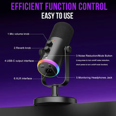 Dynamic Gaming Microphone, XLR/USB Mic Streaming, AI Noise Cancellation, Controlable RGB, Tap Mute, Volume Control