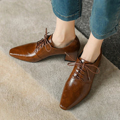 NEW Spring/Autumn Women Pumps Square Toe Chunky Heel Shoes Concise Split Leather Shoes for Women Lace-up Handmade Women Shoes
