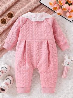 Pink Thickened One-Piece Romper for Baby Girls, with Cable Knit Quilted Fabric, Doll Collar with Hollow Lace, Double Bow, Snap Buttons on the Front and Crotch, Warm and Cute