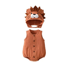 Newborn Baby Romper Knitted Hooded Lion Bodysuit Sleeveless Infant Jumpsuit Toddler Onesie Unisex Summer Outfit Button Playsuit