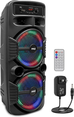 Rechargeable Portable Bluetooth PA Speaker System with 600W Power, Dual 8-Inch Subwoofers, 1-Inch Tweeter, Mic Input, Party Lights, USB, FM Radio, and Remote Control – Ideal for Outdoor Parties