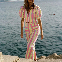 Sexy V-neck Short Sleeve Top & Pant Outfits Women's Fashion Stripes Print 2Pc Suit Elegant Button Hight Waist Commute Loose Sets