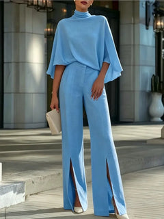 Autumn Women's Half Turtleneck Shawl Top Fashion Slit Wide Leg