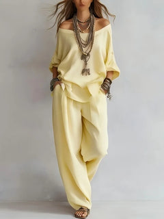 Summer New Casual Loose Linen Women's Two Piece Set Three-quarter Sleeve Off Shoulder Top Wide Leg Pants Suit Women Clothing