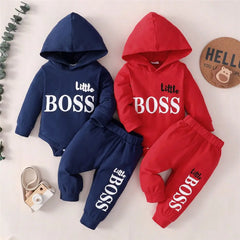 2025 Spring Autumn Infant Toddler Letters Print Hooded Solid Color Two-piece Suit 0-24M Baby Boys Bodysuits+Long Pants Set