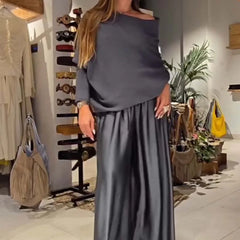 Fashion 2 Pieces Sets Women Elegant Off-shoulder Loose Tops And Satin Wide Leg Pants Sets 2026 Spring Casual Suit Woman Clothes