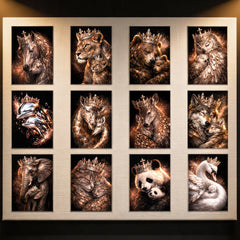 Golden Crown Animals Mother and Baby Canvas Wall Art Lion Bear Wolf Panda Giraffe Owl Cat Poster Decor Living Room Bedroom Gifts