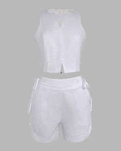 Two Piece Set Women Outfit 2025 Summer New Halter Sleeveless Hollow-Out Crop Tank & Casual Pocket Lace-Up Drastring Shorts Set