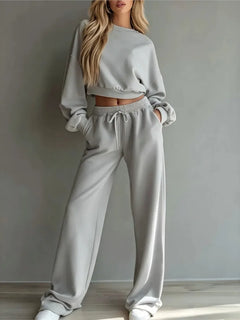Autumn New Casual O Neck Long-Sleeved Ultra-Short Sweatshirt Trousers
