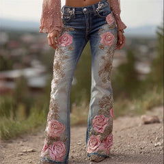 Womens Casual 3D Printed Denim Flared Pants Slim Fit Bell Bottom Jeans Fashion Daily Wear Trousers