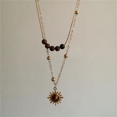 Vintage Leather Brown Stone Sun Pendant Beaded Choker Clavicle Chain Necklace For Women Unique Y2K Personalized Grunge Jewelry