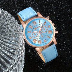Fashion 5pcs women's quartz watch set, paired with blue butterfly jewelry - round zinc alloy case, PU leather strap