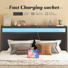 Fluest Queen Bed Frame with Headboard & Footboard, Bed Frame with Built-in Charging Station LED Light, Storage Shelf，Customized