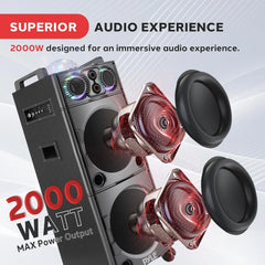2000W Active Powered Outdoor Portable Bluetooth PA Speaker System with Party Lights, Microphone Input, USB/SD Card Reader, AUX/RCA/FM Radio, and Wheels