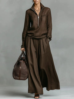 Elegant Solid Loose Two Piece Set Fashion Lapel Zipper Pullover & Wide-leg Pant Suit Women Casual Long Sleeve Outfits