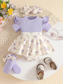 Baby Girl Bodysuit Dresses Short Sleeve Heart Shape Bow Romper Infants Onesies With Socks Headband 3pcs Sets For Newborn Girls
