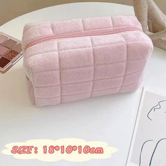 Solid Furry Large Cosmetic Storage Bag Zipper Makeup Organizer Multi‑Purpose Travel Toiletry Pouch Women Handbag Stationery Pencil Case Daily Gift Supply