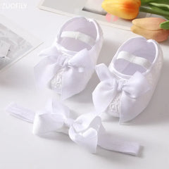 Spring Infant Baby Girl Shoes Newborn Lace Flowers Headband Anti-Slip Soft Sole First Walkers Toddler Kids Cotton Baptism Shoes