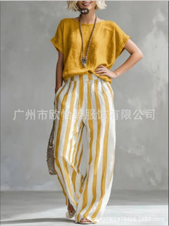 Fashion Linen Printed Striped Trousers Short-sleeved Women 2piece Set Summer New Retro Loose Wide-leg Trousers Female Casual Set