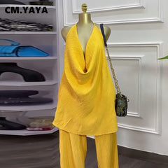 CM.YAYA Fashion Women's Set Deep V-neck Halter Top and Wide Leg Pants Suits 2025 Street Party Two 2 Piece Sets Outfits Tracksuit