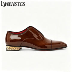 Gold Geometric Heel Patent Leather Mens Loafers Polished Glossy Upper Red Lining Formal Dress Shoes Embossed Gold Heel Loafers