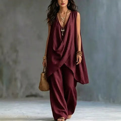 Fashion Summer Sexy Loose Solid color Linen 2 Piece Set Draped Sleeveless Top High Waist Wide Leg Pants Outfit Vacation Women