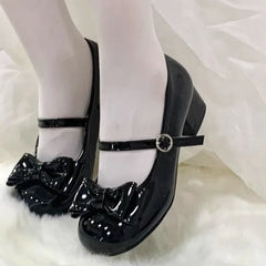 Shallow Mouth Small Leather Shoes Summer New Round Toe Cute Bow Versatile Kitten Heel Single Shoes