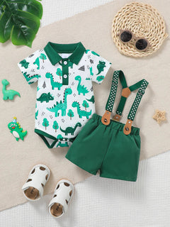 Baby Boy Summer Outfit 2-Piece Set Cartoon Dinosaur Print Polo Short
