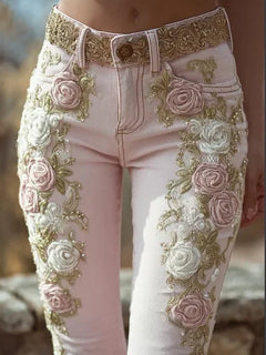 Spring Autumn New Women's High Waist Rose Embroidery Beaded Denim Pants Versatile Comfortable Casual Trendy Commuting Daily Wear