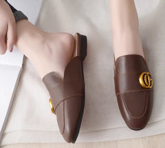 Lady Gold Metal Slides Round Toe Microfiber Soft Bottom For Tender Feet Wide Fits Beige Pink Fashionable Shoes For Summer 44-33