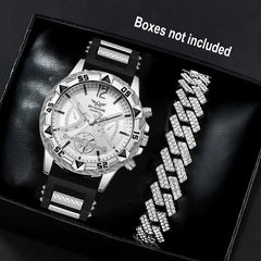 Business 2PCS Men's Fashion casual Luxury Silicone Band Diamond Quartz Bracelet Wrist Watch set（Box Not Included ）