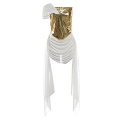 Weird Puss Patchwork Corset Dress Women Zip Irregular Tassel Mesh Ribbon One-Shoulder Birthday Stretch Clubwear Mini Bodycon