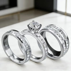 3PCS Set Gold Plated Zirconia (cz) Wedding Engagement Band Stainless
