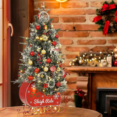 3‘ Artificial Christmas Tree Pre Lit Fiber Optic with 78 Warm White LED Lights 8 Mode Lighting Sleigh Ride Base USB Powered Battery Operated Tabletop Xmas Tree No Assembly