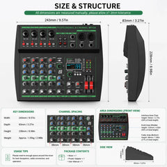 MW-6 Black 6-Channel Audio Mixer with Noise Reduction DJ Console | Bluetooth & USB Playback, Portable Controller Mixer, DSP 99 Preset Effects, Live Streaming, Podcasting, Home Party
