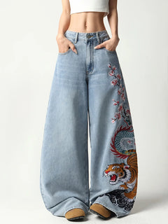European And American Wide-Leg Denim Pants, Featuring Dragon, Tiger, Plum Blossom, And Cloud Embroidery, High-Waisted Jeans