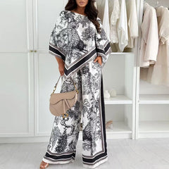 Vintage Printed Shirt High Waist Wide Leg Pants Suit Women Casual Two Piece Set Irregular 3/4 Length Shirt Trousers Holiday Sets