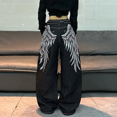 1 Pc American Retro Wing Print Loose Jeans, Street Trend Fashionable