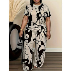 Conjuntos Femininos Summer Short-sleeved Fashion Print Suit Women's Round Neck Large Size T-shirt Wide-leg Trousers 2 Piece Suit