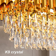 Modern Gold Rectangular Crystal Chandelier, Adjustable Chain Hanging K9 Crystal Ceiling Light Fixture-dining room/kitchen island