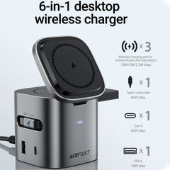 ACEFAST 6 in 1 Multifunction 15W Magnetic Wireless Charging Station For iPhone 16 15 GaN PD65W Charging Cube USB C Fast Charging