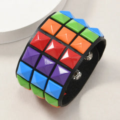 18 Color Punk Hip-Hop Three Rows of Square Rivets PU Leather Big Wide