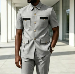Luxury Men Suit Short Sleeves Safari Suit 2 Pieces Black Contrast Pockets Gold Button Business Wedding Party Casual Blazer Pants