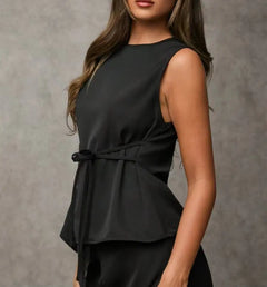 Women's Black Two Piece Set Sleeveless Round Neck Tie Asymmetric Hem Top Wide Leg Pants Set Spring Summer Office Elegant Outfit
