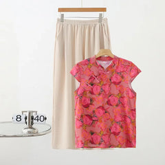 Summer Cotton-silk blend Cheongsam 2 Pcs Set Loose Short Sleeve Frog Closure Tops and Wide leg Pants New Chinese Style Plus size